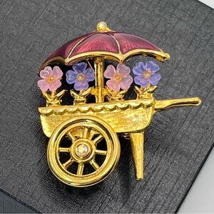 LIA Signed Charming Gold and Multicolor Flower Cart Brooch